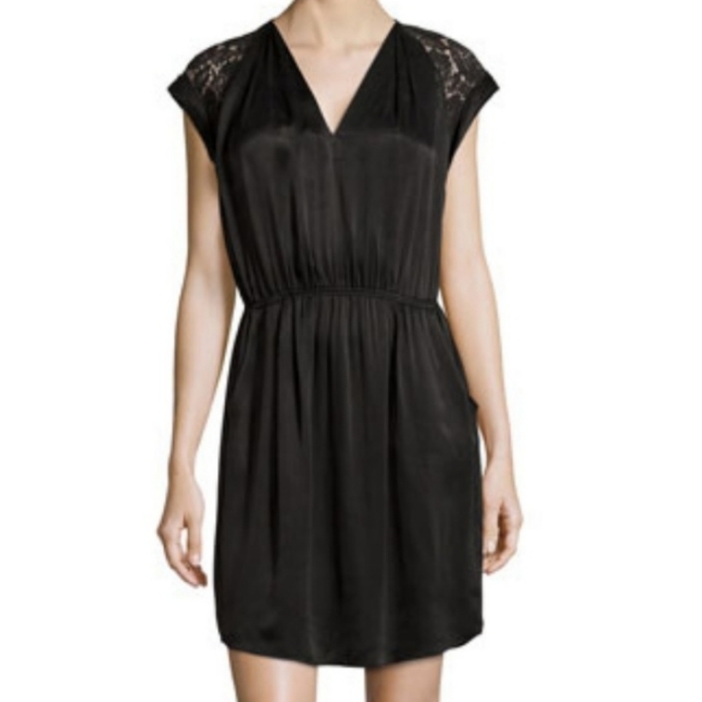 Rebecca Taylor black cupro/silk blend lace sleeve vneck dress